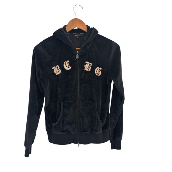 BCBGMAXAZRIA Black Y2K Velour Zip Up Embroidered Logo Hoodie Womens Size M - Picture 2 of 11
